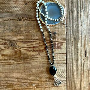 Stunning Long Beaded Tassel Necklace with Black Carved Stone Pendant
